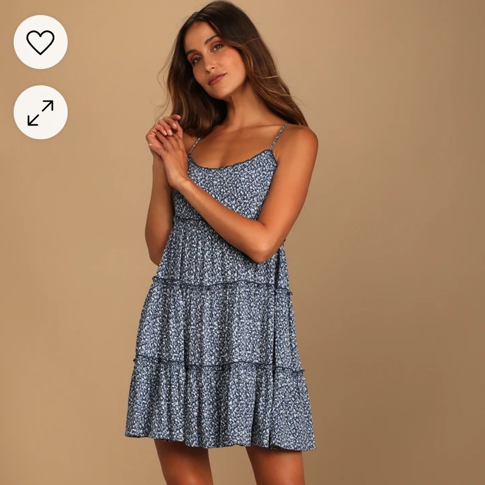 NWT Lulus Sitting in the Sun Navy Blue Floral Print Ruffled Babydoll Dress